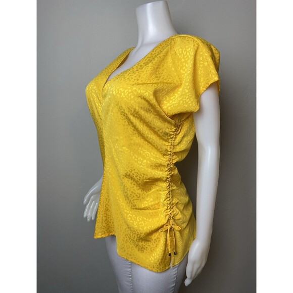 F. Michael Kors Top XL Ruched Yellow Blouse Cap Sleeve V Neck NWT $98 - Picture 7 of 11